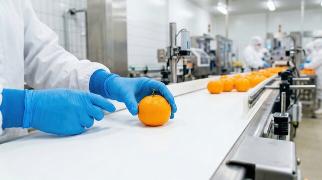 Orange fruit being inspected on conveyor belt in sterile food processing facility, for quality control and packaging.