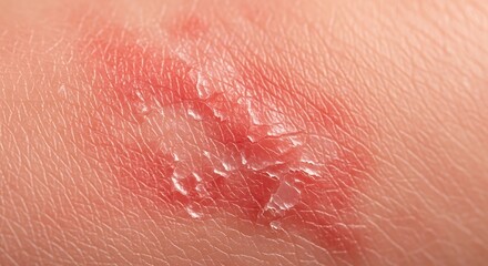 Fototapeta premium Close-up of a red, inflamed skin rash with peeling and blistering, indicating a skin condition or allergic reaction.