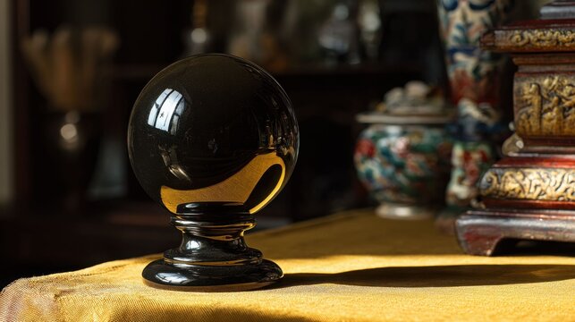 A dark obsidian scrying sphere resting on a wooden stand, catching light and reflecting subtle internal shifts.