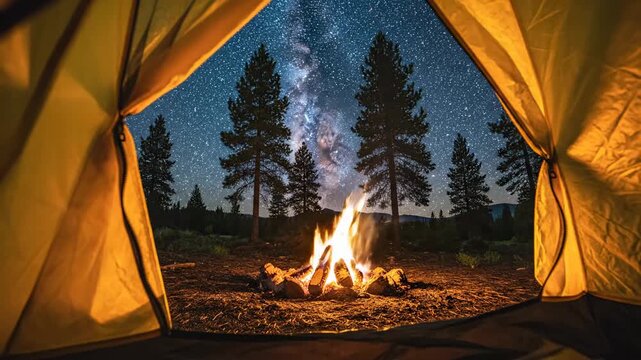 Camping at night by the campfire under the starry sky in the forest