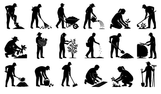 Farmer and Gardener Worker Silhouette Collection Agriculture Labor Vector Set