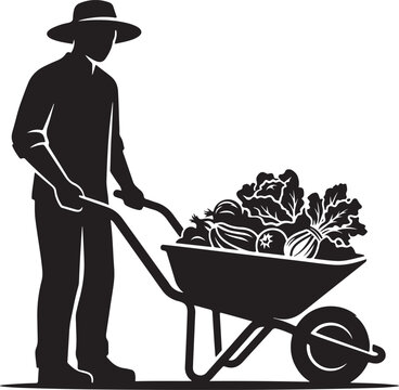 Silhouette of a farmer pushing a wheelbarrow full