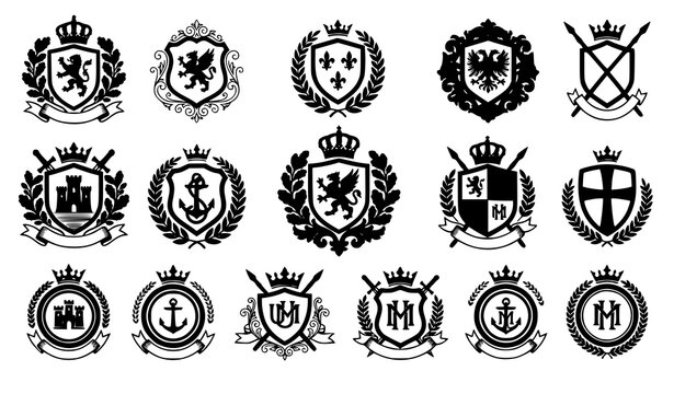 Royal Heraldic Crest Shield Vector Collection with Vintage Badge Elements
