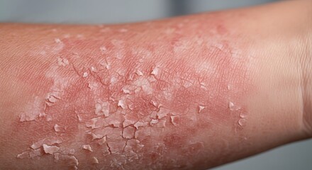 Fototapeta premium Close-up of a severe skin rash with redness and peeling on an arm, indicating a dermatological condition.
