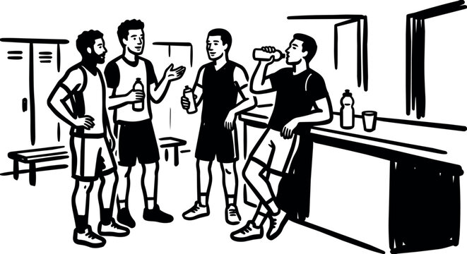 Group of four young men in sportswear drinking water and chatting in a locker room