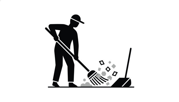 Person sweeping scattered debris into dustpan with broom in minimalist black and white graphic art for professional cleaning services.