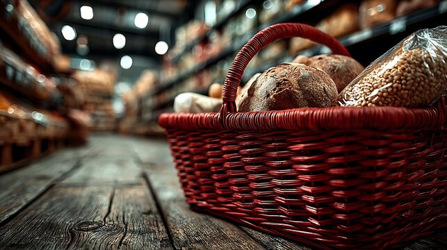 Close-up of a red wicker shopping basket filled with assorted breads and grains in a supermarket