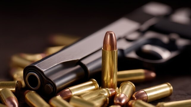 Close-Up of Empty Bullet Shells and Cartridges with a Handgun Background