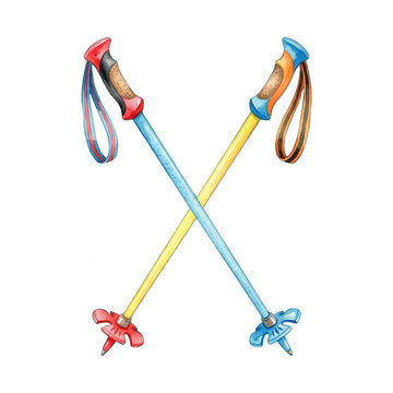 Watercolor illustration of crossed ski poles on black background