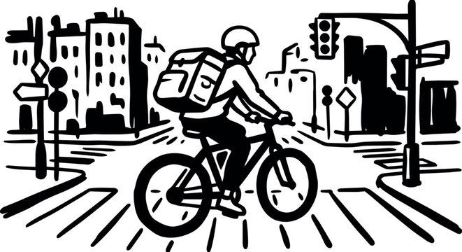 Person riding a bicycle in an urban street intersection with traffic lights