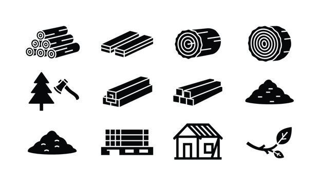 Forestry and sawmill icons showcasing log piles, timber boards, axes, trees, and wood processing facilities for lumber industry and construction material supply branding.