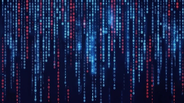 Falling binary code streams in blue and red colors on dark background. Digital data flow representing computer programming and cybersecurity concepts.