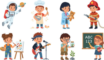 Fototapeta premium Cartoon Children Illustrations Depicting Diverse Professions and Creative Career Aspirations for Educational Designs