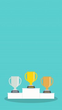 Podium winners. Gold, silver and bronze cups on podium. 4K video animation.	
