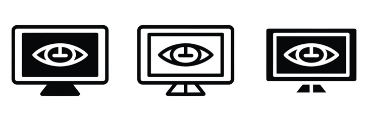 Computer monitor screen with eye icon set for cybersecurity threat, spy malware bug, and digital data surveillance symbol in black silhouette, outline linear style, and flat design isolated on white b © Prime Stocks