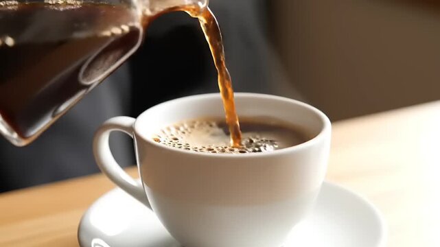 Coffee pouring into white cup.