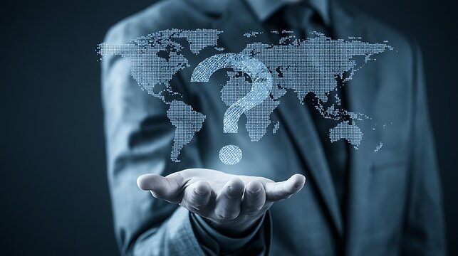 Business person holding a glowing digital world map with a question mark symbol