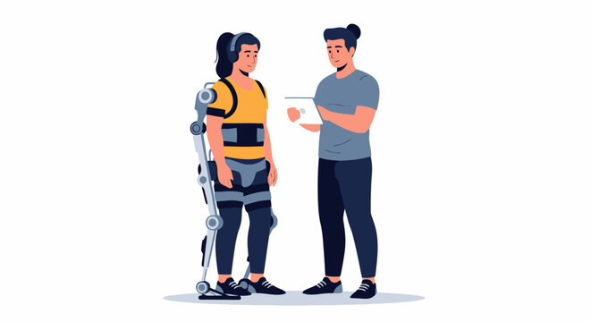 Woman in exoskeleton suit with physical therapist for rehabilitation.