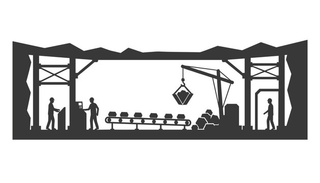 Silhouette illustration of an underground mining facility with workers, a conveyor belt, and a crane lifting heavy ore loads for industrial operations.