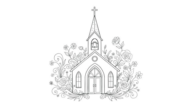 Elegant line art illustration of a small church building surrounded by intricate floral rose vines and decorative swirling leaves for wedding invitations.