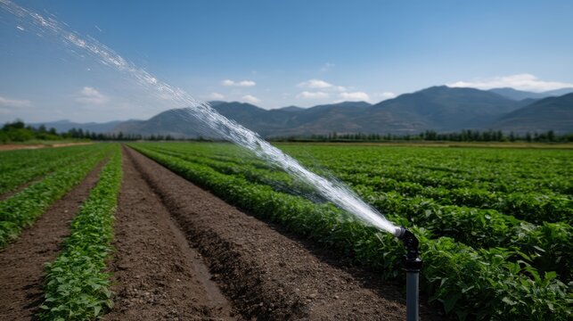 Sprinkler Irrigation System Watering Rows of Lush Green Crops in Rural Landscape