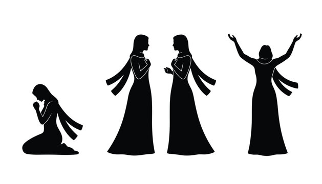 Devout female silhouettes in modest attire performing various religious worship postures including kneeling, standing, and raising hands in prayer on a clean white background.
