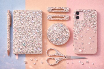 Crystalcore rhinestone accessories featuring phone case and stationery on pastel background © dvoevnore