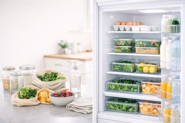 Fridge organization with fresh fruits and leafy greens stored neatly in containers © dvoevnore