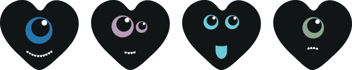 A striking vector illustration showcasing four black heart-shaped monster faces each with vibrant contrasting facial features. The set includes a one-eyed happy heart with blue eyes a two-eyed content © Nazmul
