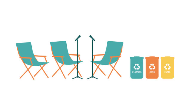 Podcast studio setup featuring two folding chairs and microphones alongside three color-coded recycling bins for plastic, metal cans, and paper waste management.