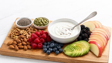 Breakfast grazing board with yogurt, fruits, nuts, seeds, and spoon on wood © dvoevnore