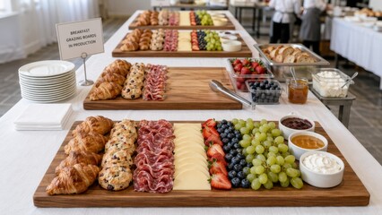 Breakfast grazing board with fruit, cheese, and pastries displayed on wooden boards © dvoevnore