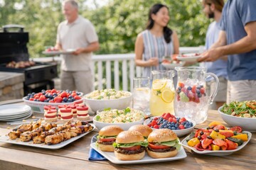 Outdoor courtyard backyard BBQ party with food and drinks on a table © dvoevnore