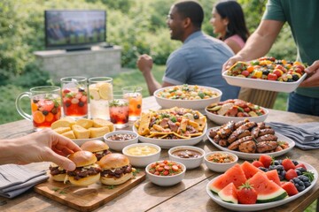 Outdoor bbq party with friends enjoying diverse food and drinks in backyard © dvoevnore