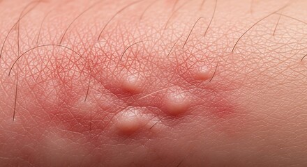Fototapeta premium Close-up of a skin rash with blisters and redness on human skin.