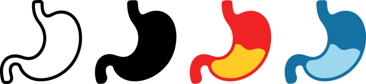 Collection of stylized stomach icons representing different views and states of the organ