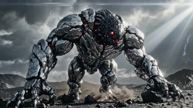 Massive chrome mechanical golem standing on barren volcanic land, sci-fi creature, futuristic robot