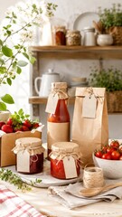 Homemade strawberry and tomato preserves with jars and bags on wooden table © dvoevnore