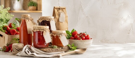 Farmcore summer preserves on rustic kitchen counter with fresh fruits and herbs © dvoevnore