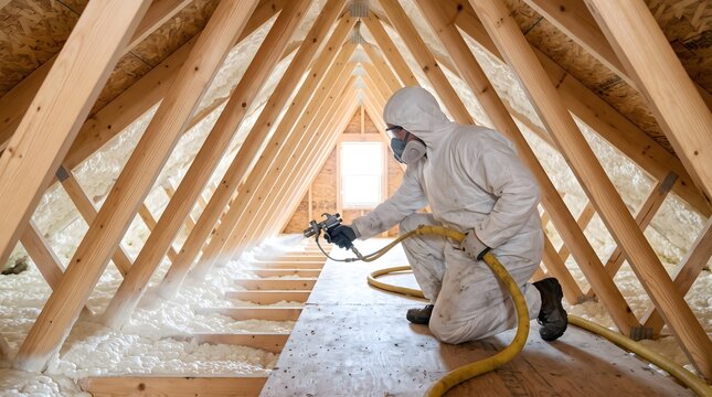 Worker in protective suit spraying expanding foam insulation into attic rafters for home energy efficiency improvement modern industrial construction concept