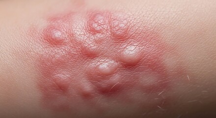 Fototapeta premium Close-up of a skin rash with red, inflamed bumps and blisters, indicating a possible allergic reaction or infection.