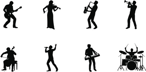 Musician silhouette collection featuring guitarist violinist saxophonist trumpeter singer keyboardist drummer and cellist black vector illustration set © MstSaleha