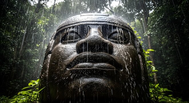 Ancient Olmec stone head statue in a lush tropical jungle during a heavy rainstorm