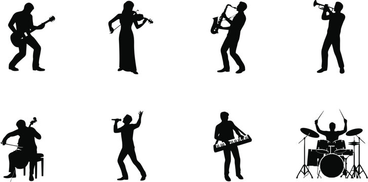 Musician silhouette collection featuring guitarist violinist saxophonist trumpeter singer keyboardist drummer and cellist black vector illustration set