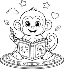 Cute baby monkey reading storybook while holding pencil, adorable educational cartoon coloring page vector illustration for children activities