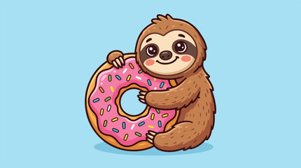 Fototapeta premium Cute cartoon sloth hugging a pink frosted donut with sprinkles.