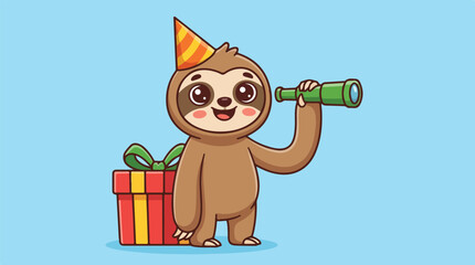 Fototapeta premium Cute cartoon sloth wearing a party hat holding a telescope next to a gift box.