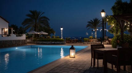 Fototapeta premium Illuminated Pool at Night Surrounded by Lanterns and Fairy Lights in Tranquil Setting