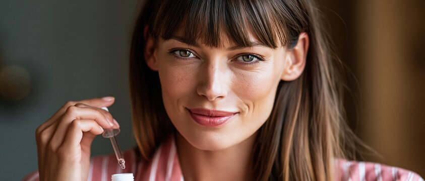 A close-up portrait shot of a beautiful brunette woman with bangs smiling gently at the camera while holding a glass dropper with a clear serum drop, wearing pink striped pajamas in a warm indoor sett