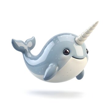 Cute cartoon narwhal with long tusk on white background